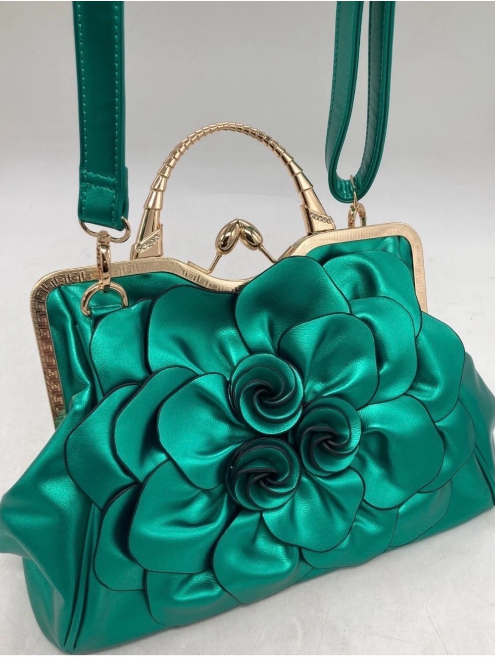 Green Faux leather Floral Frame Clutch with Gold Hardware